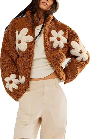Maixang Womens Floral Print Sherpa Fleece Jackets Winter Zipper Cropped Coat Casual Long Sleeve Outwear with Pockets