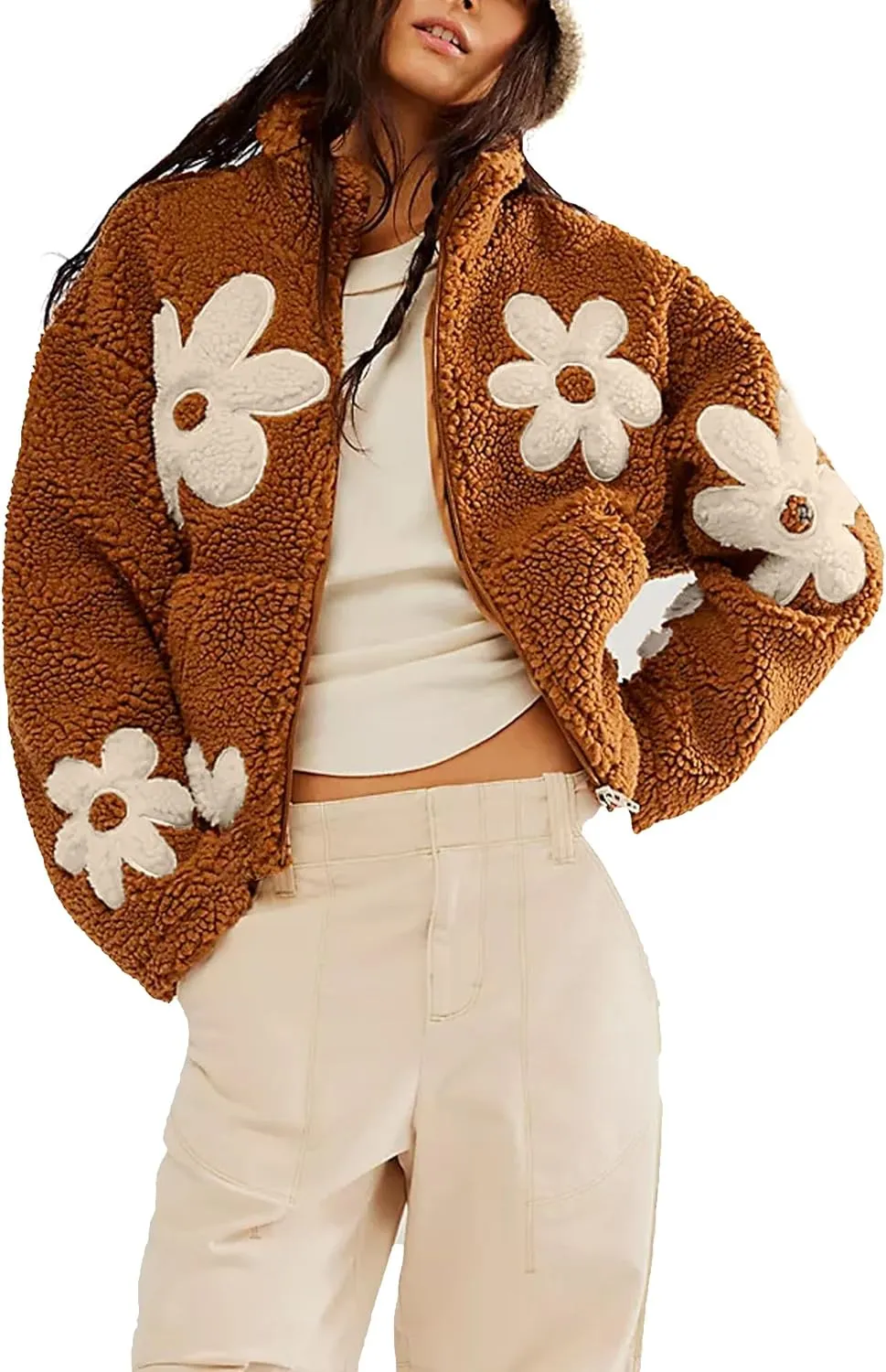 Maixang Womens Floral Print Sherpa Fleece Jackets Winter Zipper Cropped Coat Casual Long Sleeve Outwear with Pockets