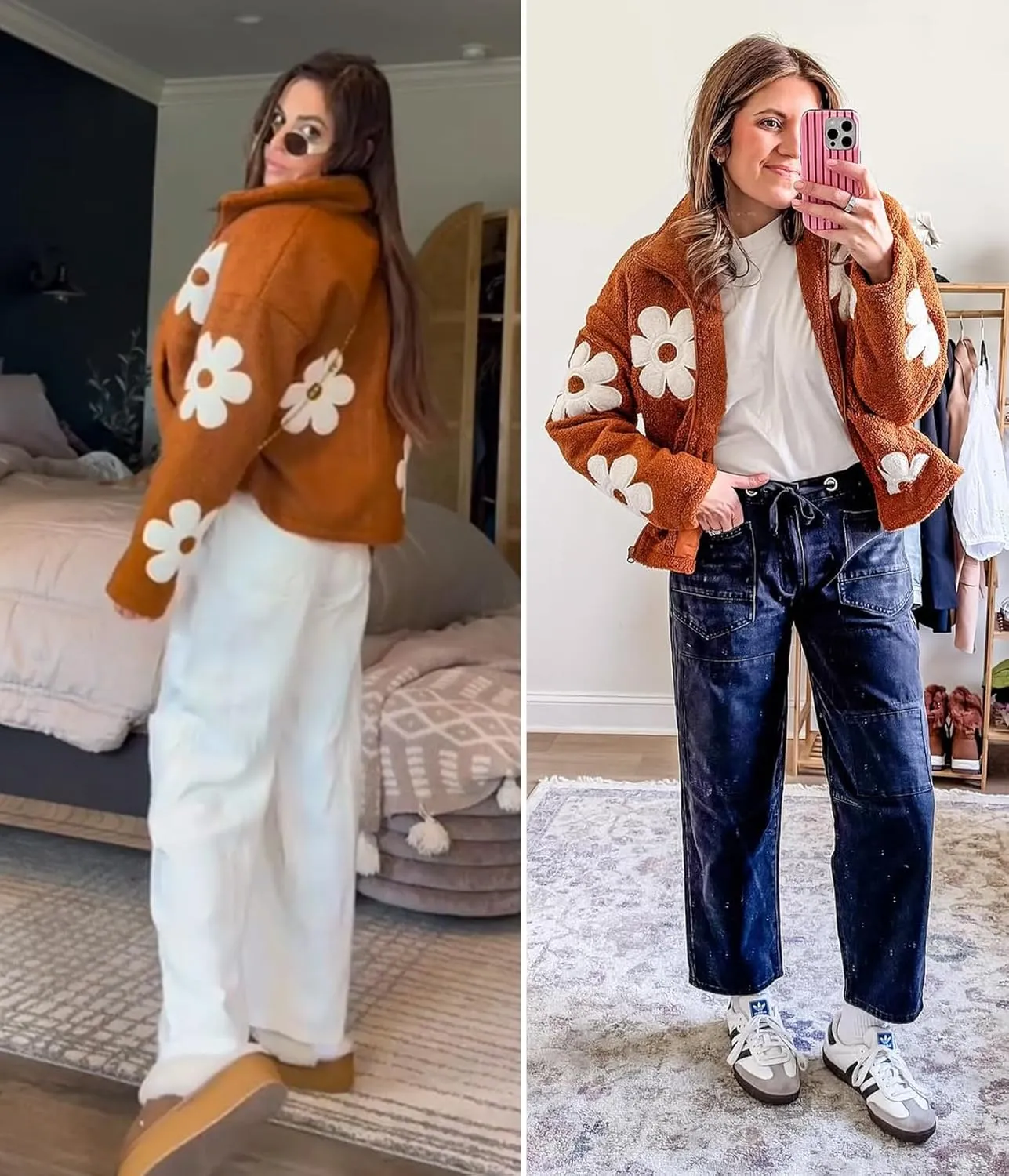 Maixang Womens Floral Print Sherpa Fleece Jackets Winter Zipper Cropped Coat Casual Long Sleeve Outwear with Pockets