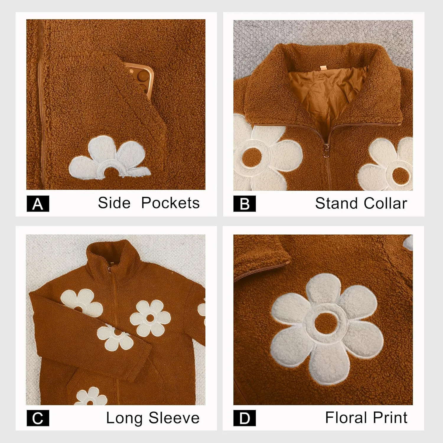 Maixang Womens Floral Print Sherpa Fleece Jackets Winter Zipper Cropped Coat Casual Long Sleeve Outwear with Pockets