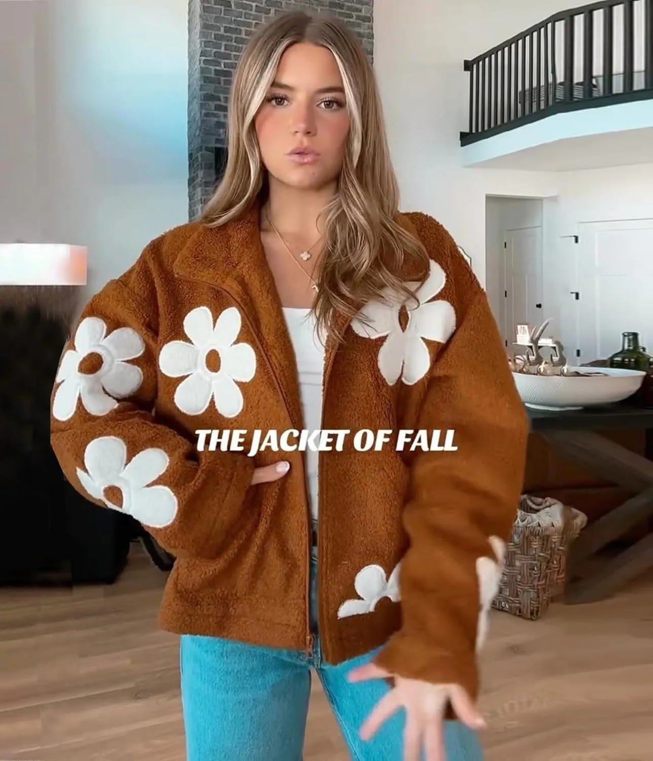 Maixang Womens Floral Print Sherpa Fleece Jackets Winter Zipper Cropped Coat Casual Long Sleeve Outwear with Pockets