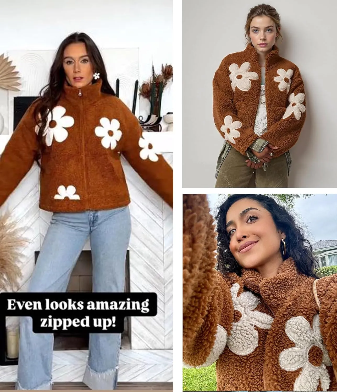 Maixang Womens Floral Print Sherpa Fleece Jackets Winter Zipper Cropped Coat Casual Long Sleeve Outwear with Pockets