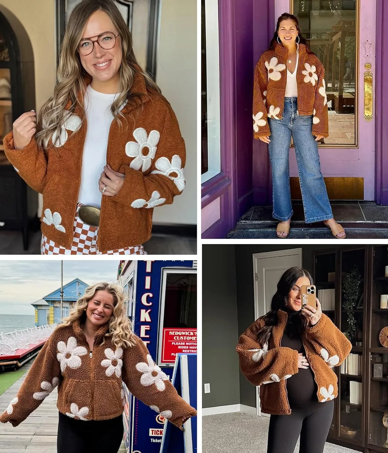 Maixang Womens Floral Print Sherpa Fleece Jackets Winter Zipper Cropped Coat Casual Long Sleeve Outwear with Pockets