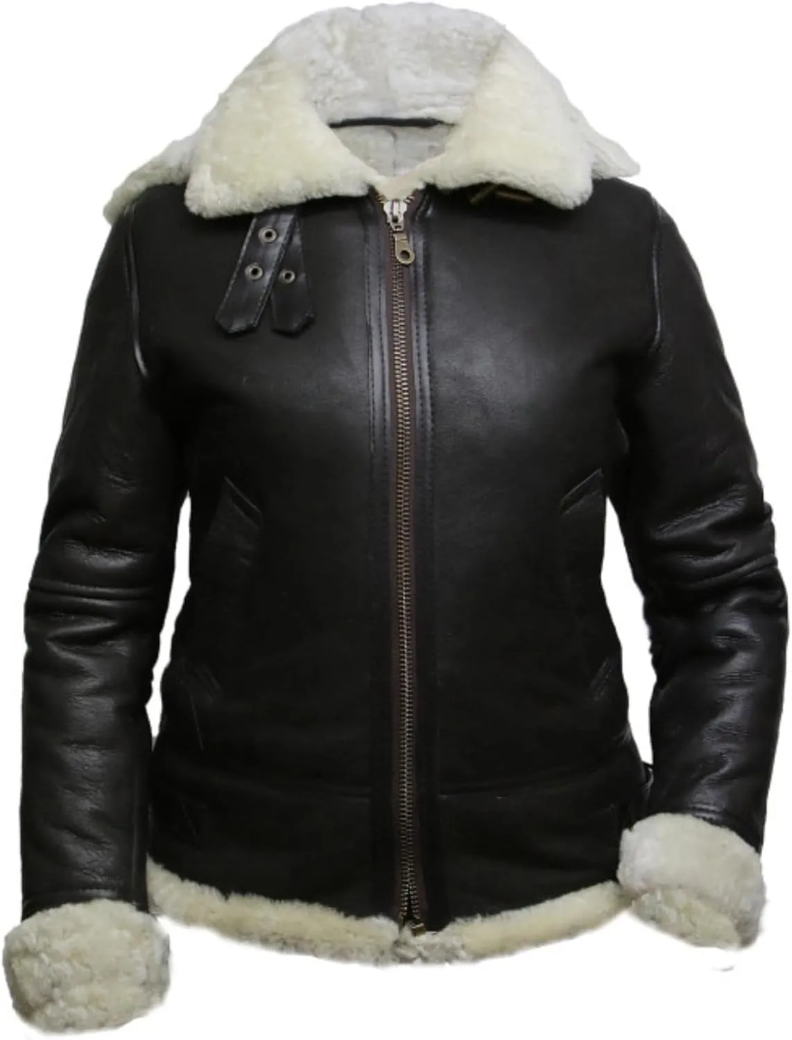 M&K CLOTHING Women's Black Leather Jacket Genuine Sheepskin Raf Aviator Faux Fur Shearling B3 Bomber Leather Jacket