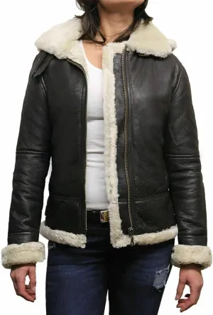 M&K CLOTHING Women's Black Leather Jacket Genuine Sheepskin Raf Aviator Faux Fur Shearling B3 Bomber Leather Jacket