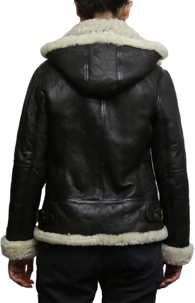 M&K CLOTHING Women's Black Leather Jacket Genuine Sheepskin Raf Aviator Faux Fur Shearling B3 Bomber Leather Jacket