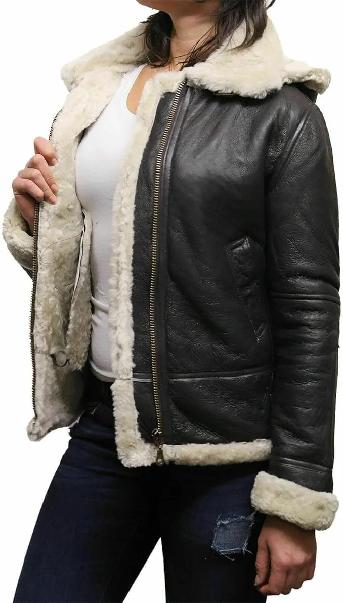 M&K CLOTHING Women's Black Leather Jacket Genuine Sheepskin Raf Aviator Faux Fur Shearling B3 Bomber Leather Jacket