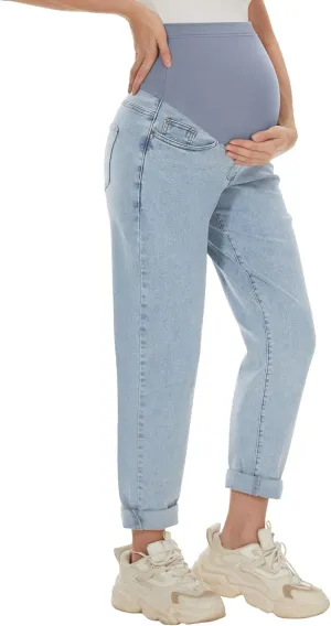 Maternity Boyfriend Jeans High Waisted Stretchy Denim Pregnancy Pants with 4 Pockets