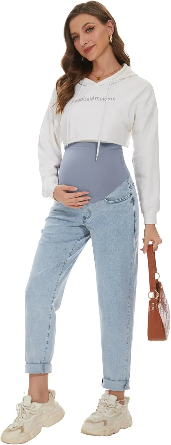 Maternity Boyfriend Jeans High Waisted Stretchy Denim Pregnancy Pants with 4 Pockets