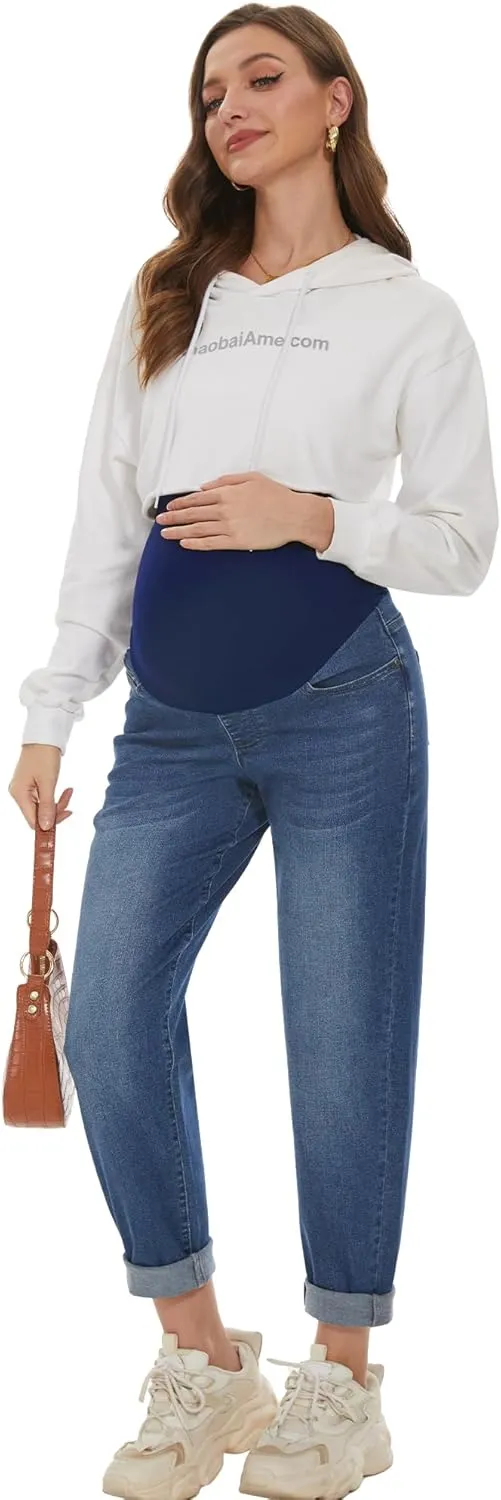 Maternity Boyfriend Jeans High Waisted Stretchy Denim Pregnancy Pants with 4 Pockets