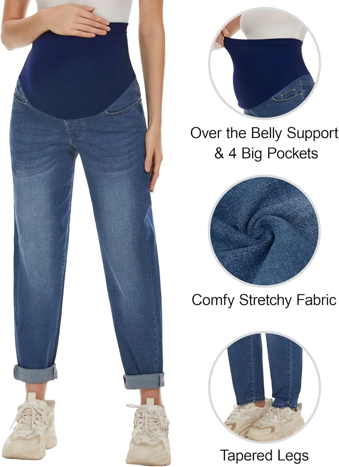 Maternity Boyfriend Jeans High Waisted Stretchy Denim Pregnancy Pants with 4 Pockets