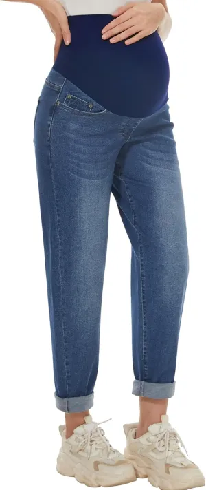 Maternity Boyfriend Jeans High Waisted Stretchy Denim Pregnancy Pants with 4 Pockets
