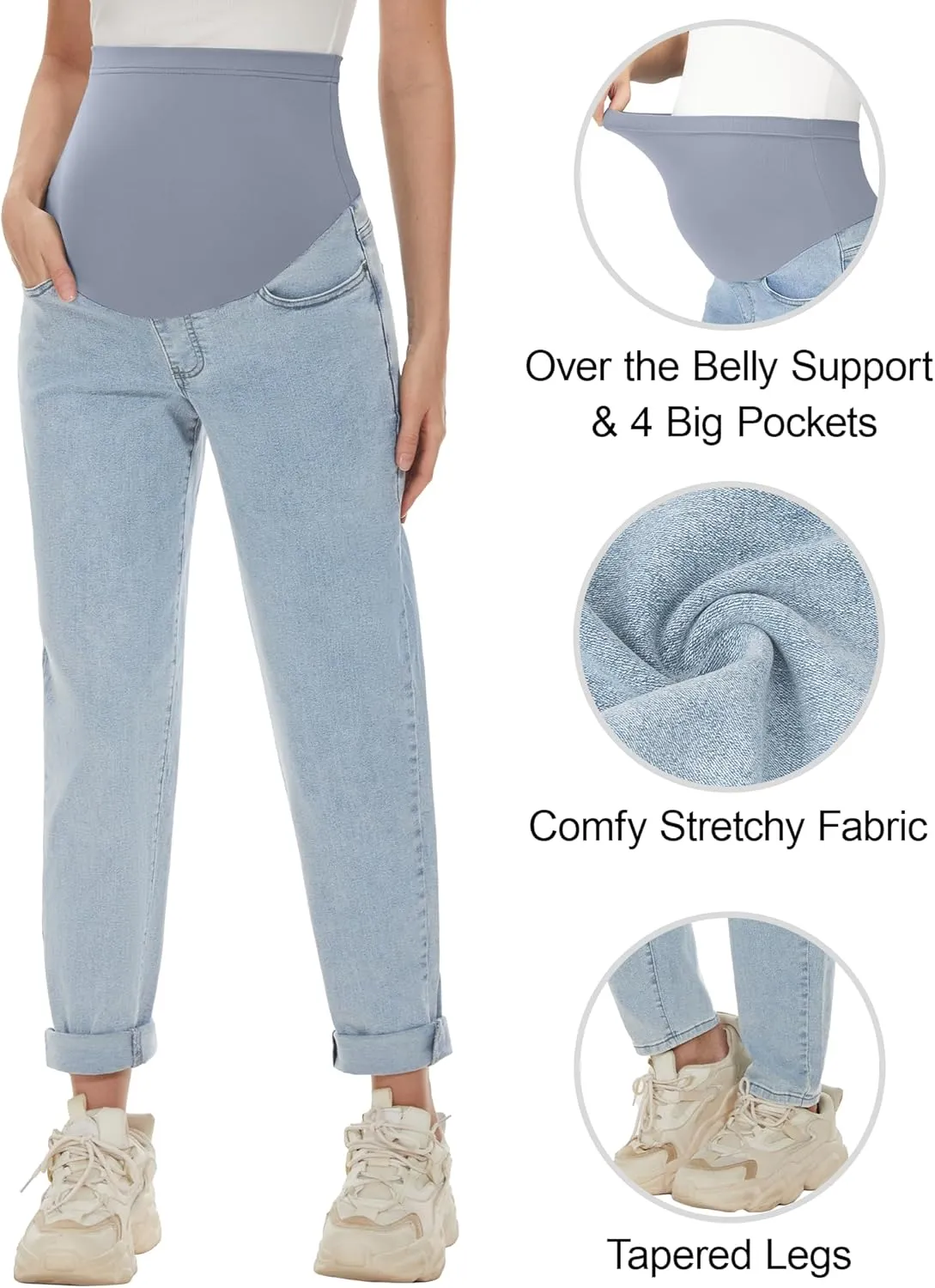 Maternity Boyfriend Jeans High Waisted Stretchy Denim Pregnancy Pants with 4 Pockets
