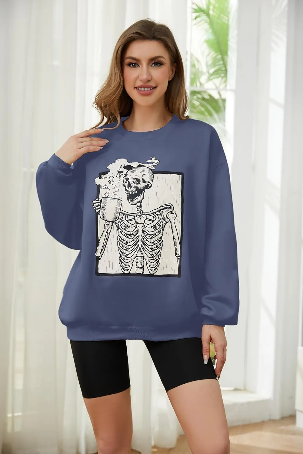 Meladyan Halloween Skull Graphic Print Fleece Oversized Sweatshirt Crewneck Long Sleeve Drop Shoulder Pullover