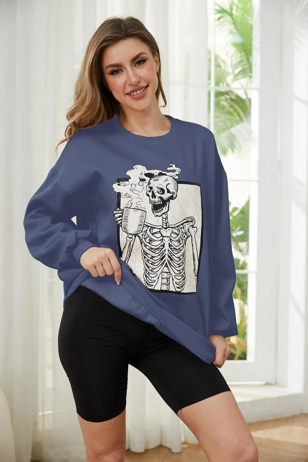 Meladyan Halloween Skull Graphic Print Fleece Oversized Sweatshirt Crewneck Long Sleeve Drop Shoulder Pullover
