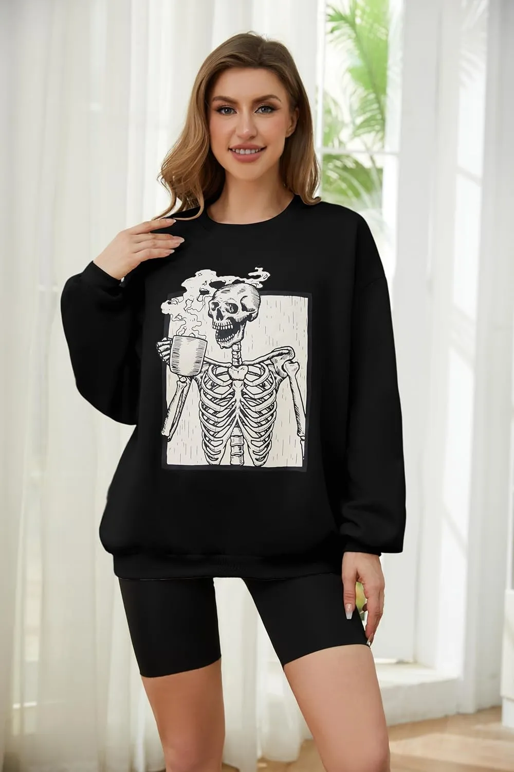 Meladyan Halloween Skull Graphic Print Fleece Oversized Sweatshirt Crewneck Long Sleeve Drop Shoulder Pullover