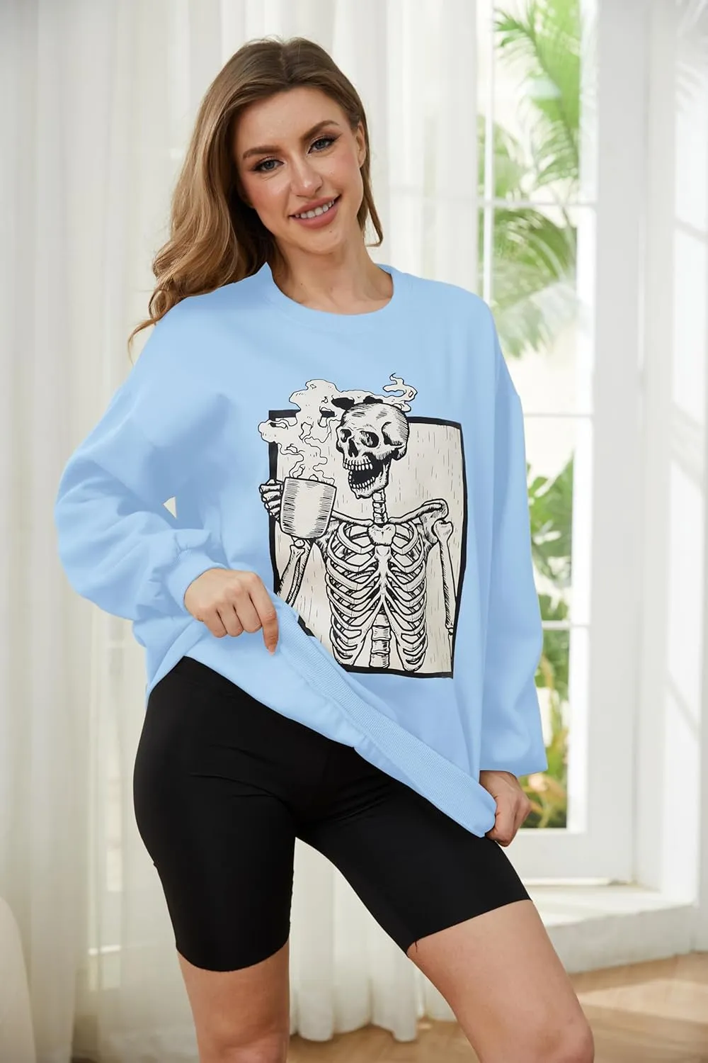Meladyan Halloween Skull Graphic Print Fleece Oversized Sweatshirt Crewneck Long Sleeve Drop Shoulder Pullover