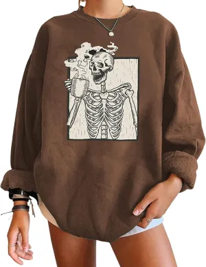 Meladyan Halloween Skull Graphic Print Fleece Oversized Sweatshirt Crewneck Long Sleeve Drop Shoulder Pullover