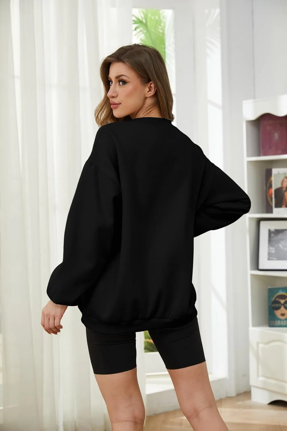 Meladyan Halloween Skull Graphic Print Fleece Oversized Sweatshirt Crewneck Long Sleeve Drop Shoulder Pullover