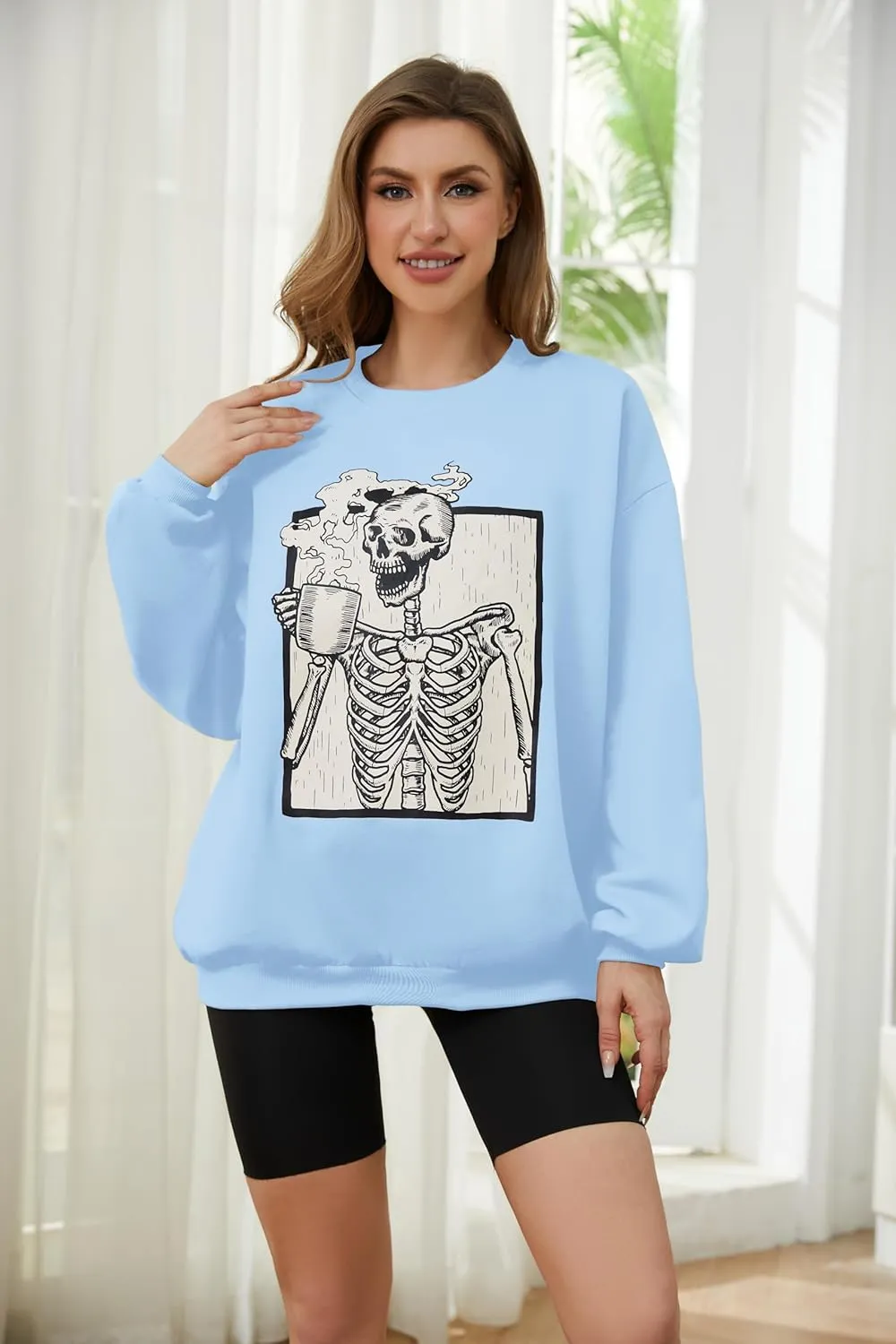Meladyan Halloween Skull Graphic Print Fleece Oversized Sweatshirt Crewneck Long Sleeve Drop Shoulder Pullover
