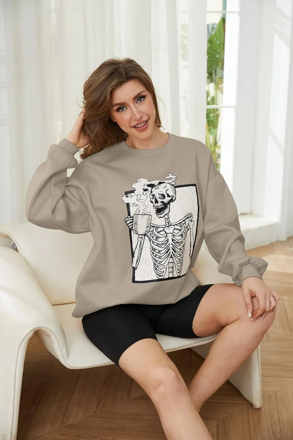 Meladyan Halloween Skull Graphic Print Fleece Oversized Sweatshirt Crewneck Long Sleeve Drop Shoulder Pullover