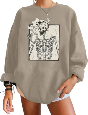 Meladyan Halloween Skull Graphic Print Fleece Oversized Sweatshirt Crewneck Long Sleeve Drop Shoulder Pullover