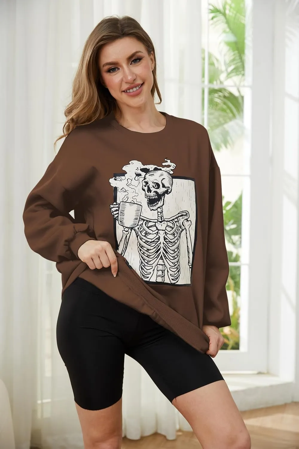 Meladyan Halloween Skull Graphic Print Fleece Oversized Sweatshirt Crewneck Long Sleeve Drop Shoulder Pullover