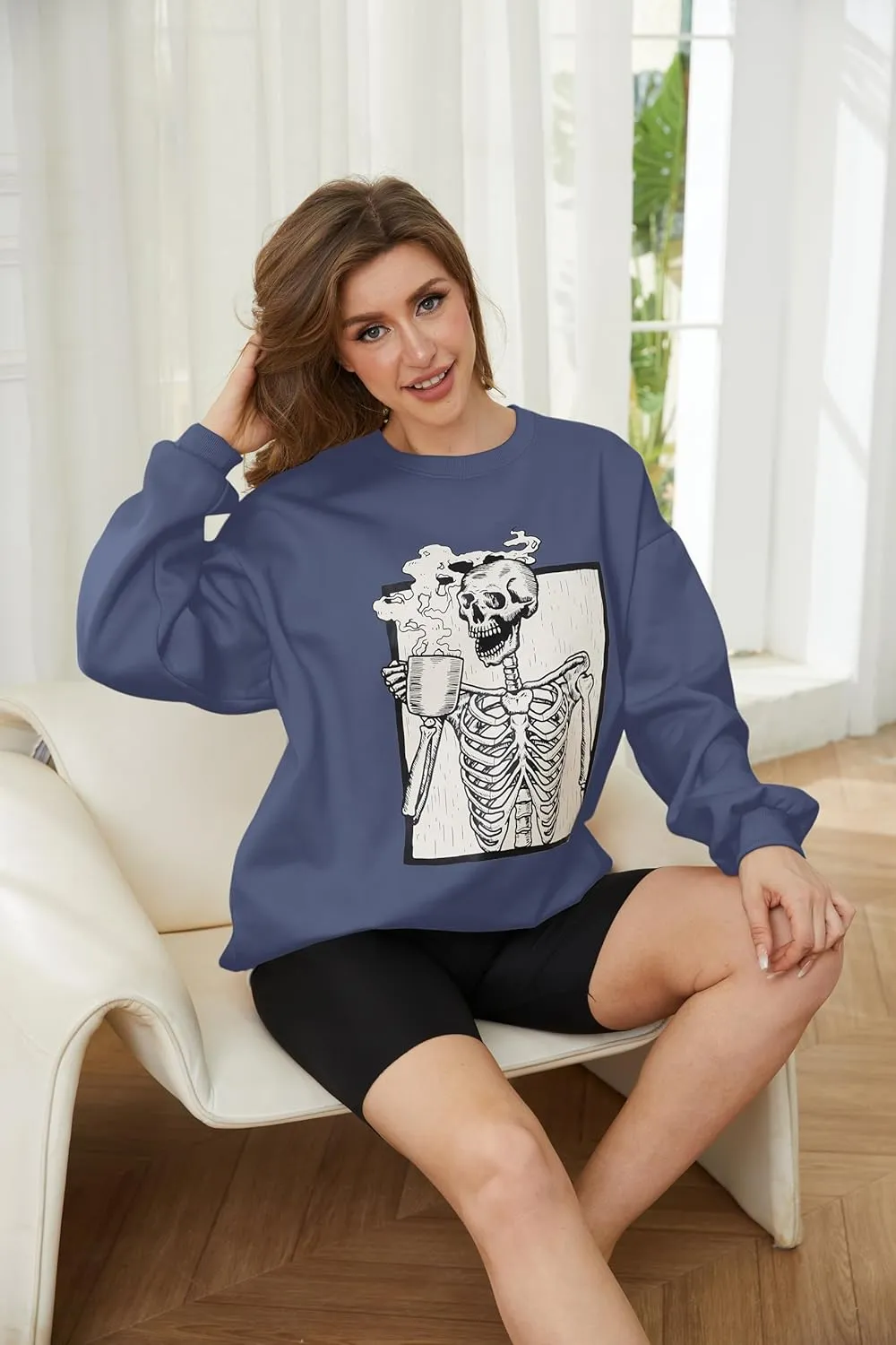 Meladyan Halloween Skull Graphic Print Fleece Oversized Sweatshirt Crewneck Long Sleeve Drop Shoulder Pullover