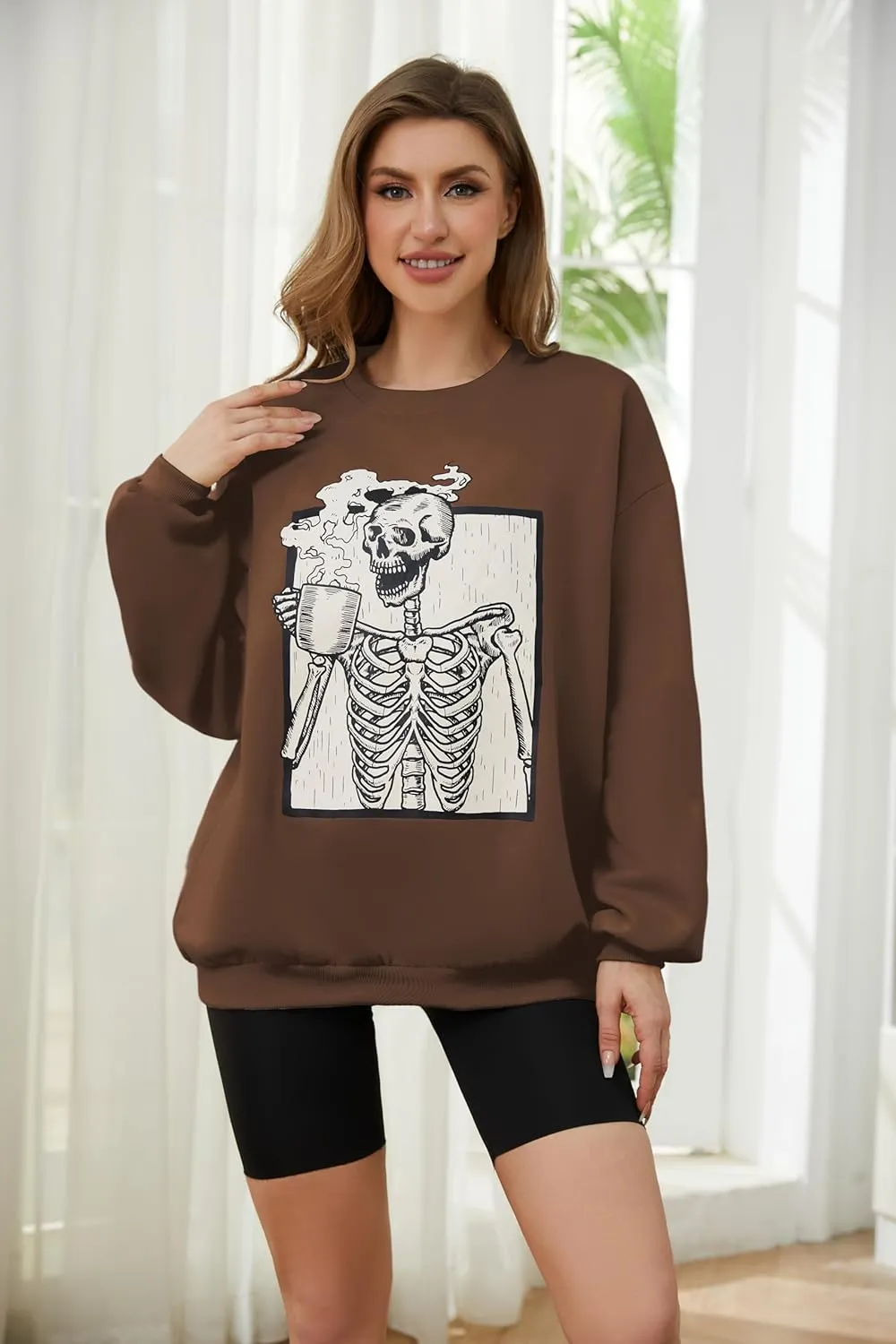 Meladyan Halloween Skull Graphic Print Fleece Oversized Sweatshirt Crewneck Long Sleeve Drop Shoulder Pullover