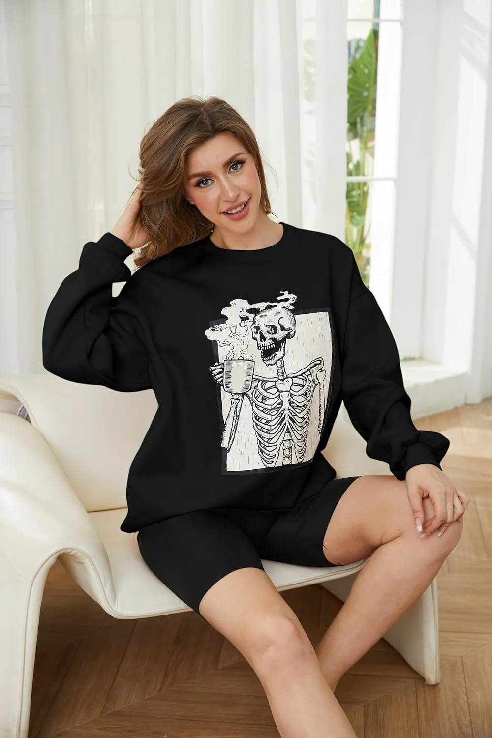 Meladyan Halloween Skull Graphic Print Fleece Oversized Sweatshirt Crewneck Long Sleeve Drop Shoulder Pullover