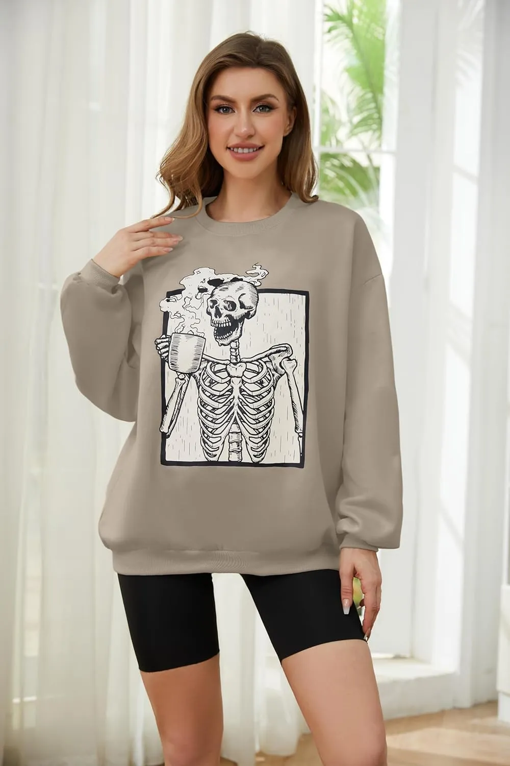 Meladyan Halloween Skull Graphic Print Fleece Oversized Sweatshirt Crewneck Long Sleeve Drop Shoulder Pullover