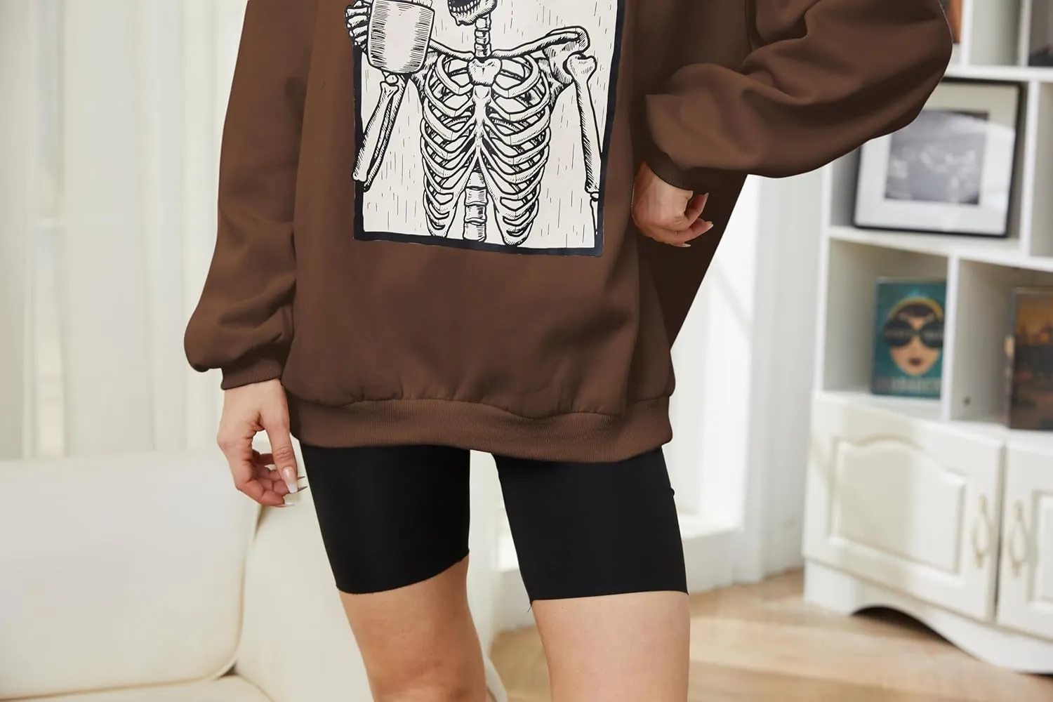 Meladyan Halloween Skull Graphic Print Fleece Oversized Sweatshirt Crewneck Long Sleeve Drop Shoulder Pullover