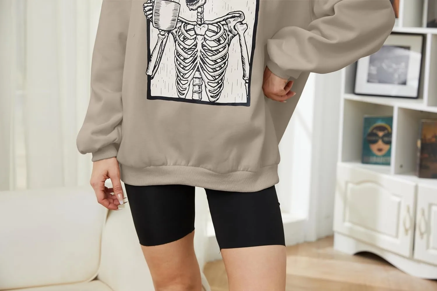 Meladyan Halloween Skull Graphic Print Fleece Oversized Sweatshirt Crewneck Long Sleeve Drop Shoulder Pullover
