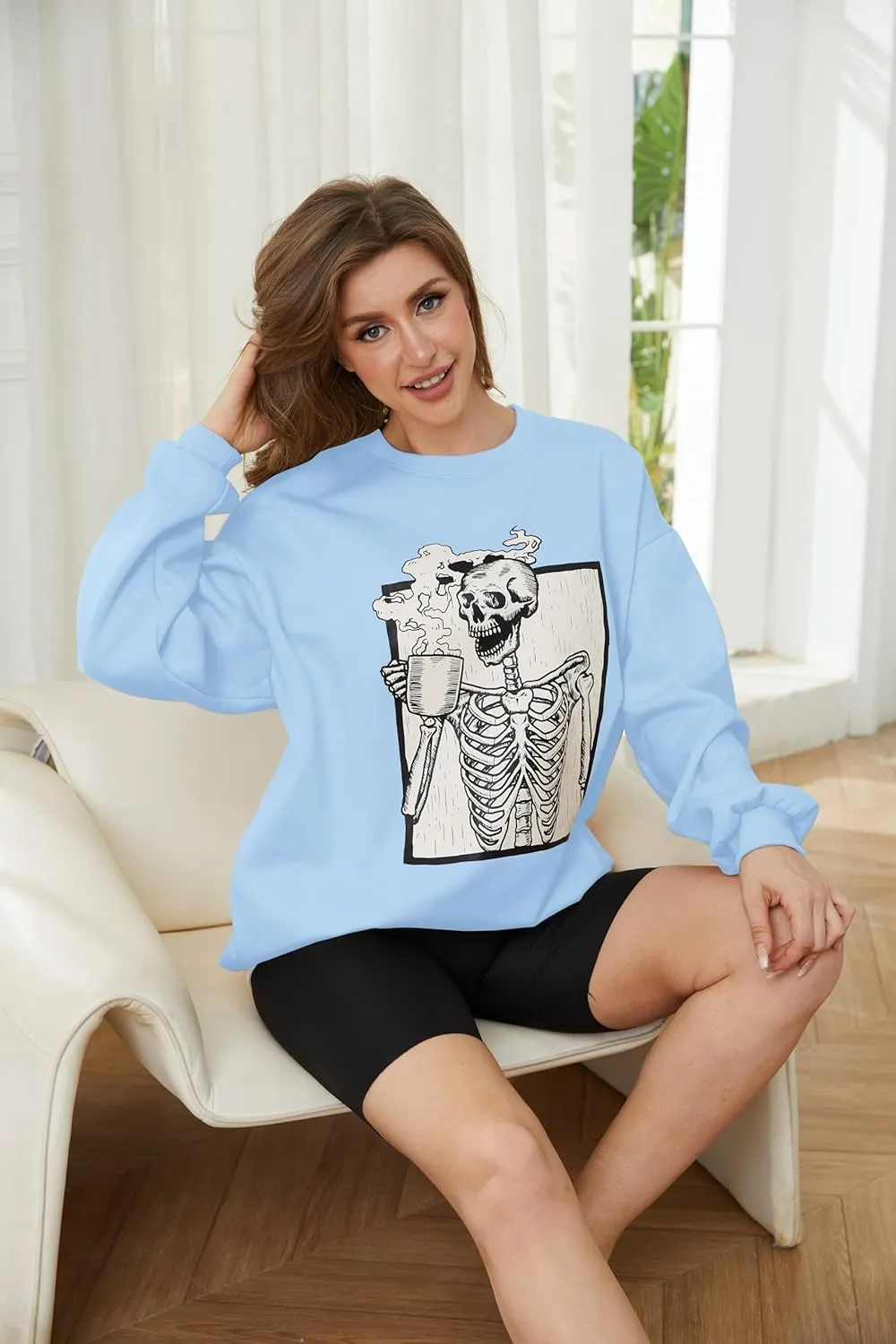 Meladyan Halloween Skull Graphic Print Fleece Oversized Sweatshirt Crewneck Long Sleeve Drop Shoulder Pullover