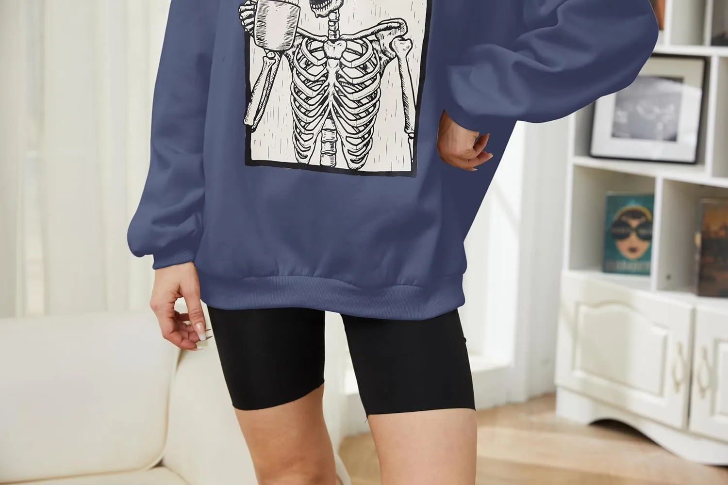 Meladyan Halloween Skull Graphic Print Fleece Oversized Sweatshirt Crewneck Long Sleeve Drop Shoulder Pullover
