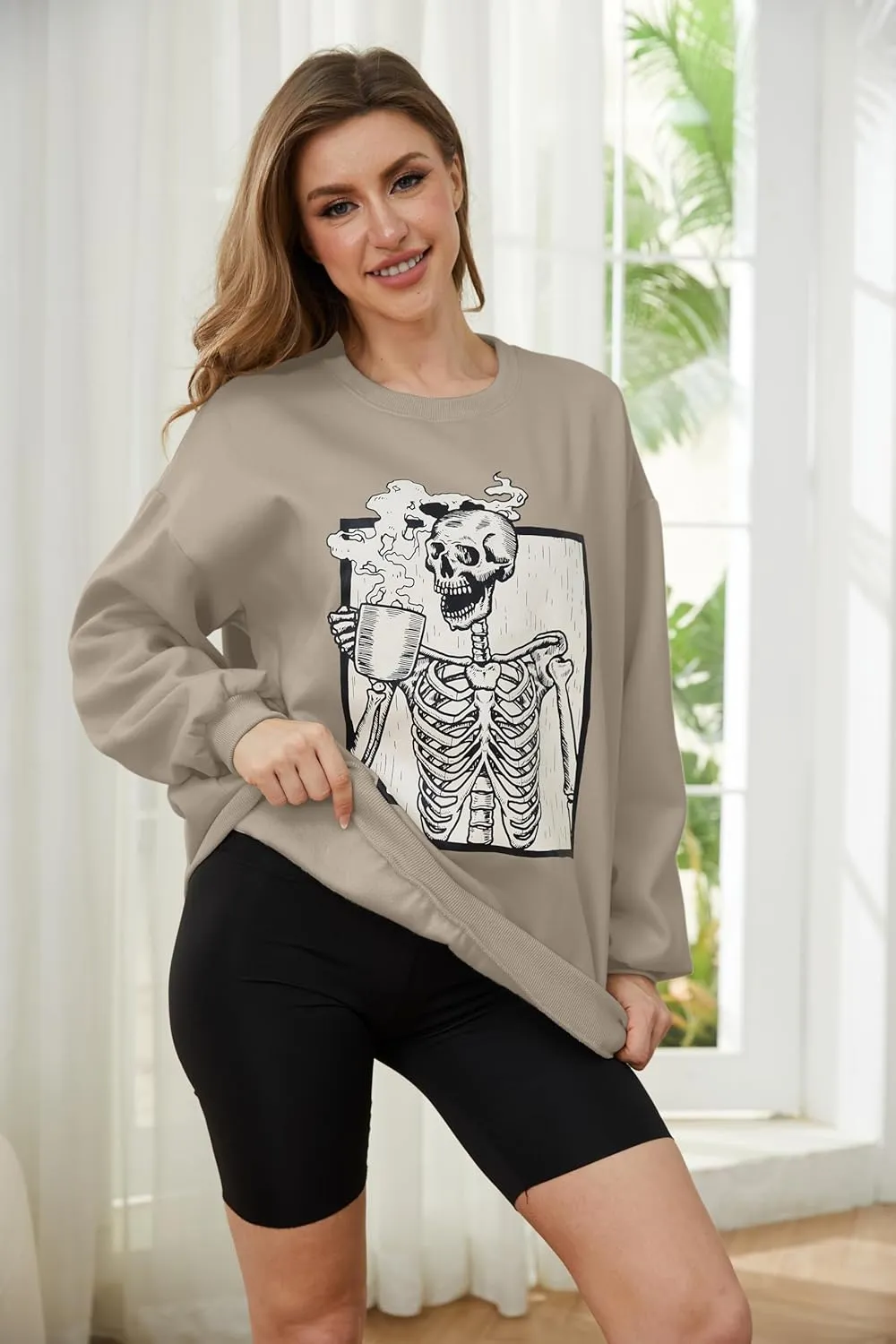 Meladyan Halloween Skull Graphic Print Fleece Oversized Sweatshirt Crewneck Long Sleeve Drop Shoulder Pullover