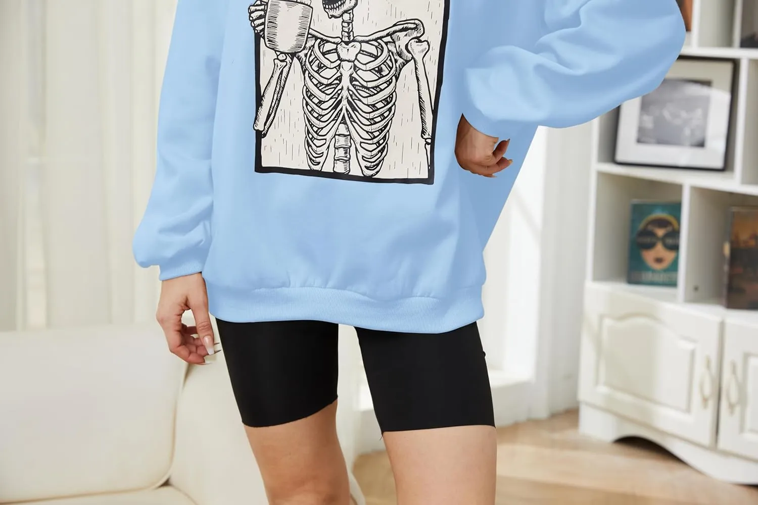 Meladyan Halloween Skull Graphic Print Fleece Oversized Sweatshirt Crewneck Long Sleeve Drop Shoulder Pullover