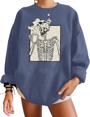Meladyan Halloween Skull Graphic Print Fleece Oversized Sweatshirt Crewneck Long Sleeve Drop Shoulder Pullover