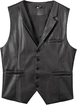 Men's Leather Suit Vest Casual Slim Fit Western Vest Jacket V-Neck Dress Vest Waistcoats