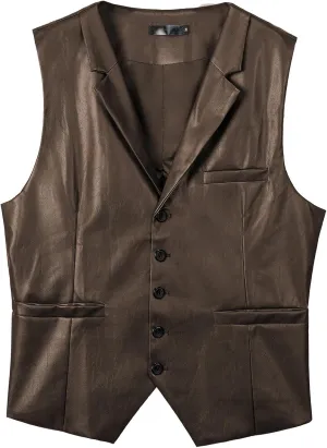 Men's Leather Suit Vest Casual Slim Fit Western Vest Jacket V-Neck Dress Vest Waistcoats