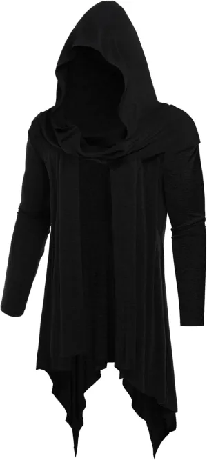 Men's Long Hooded Cardigan Ruffle Shawl Collar Open Front Lightweight Drape Cape with Pockets