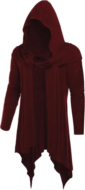 Men's Long Hooded Cardigan Ruffle Shawl Collar Open Front Lightweight Drape Cape with Pockets