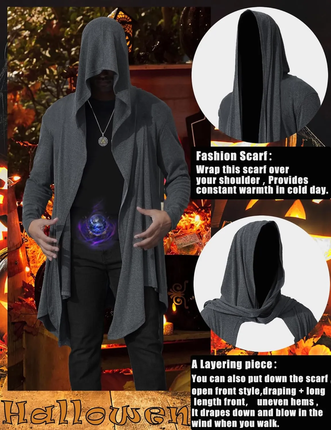Men's Long Hooded Cardigan Ruffle Shawl Collar Open Front Lightweight Drape Cape with Pockets