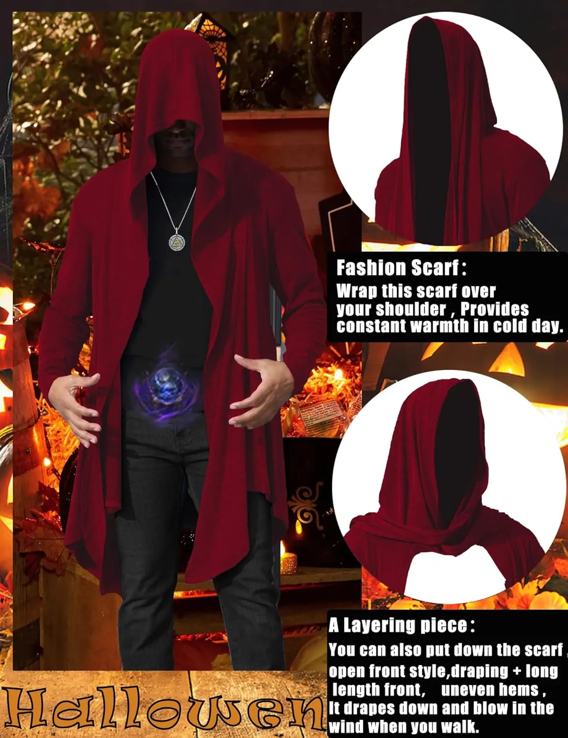 Men's Long Hooded Cardigan Ruffle Shawl Collar Open Front Lightweight Drape Cape with Pockets