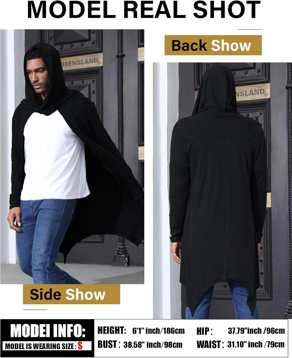 Men's Long Hooded Cardigan Ruffle Shawl Collar Open Front Lightweight Drape Cape with Pockets