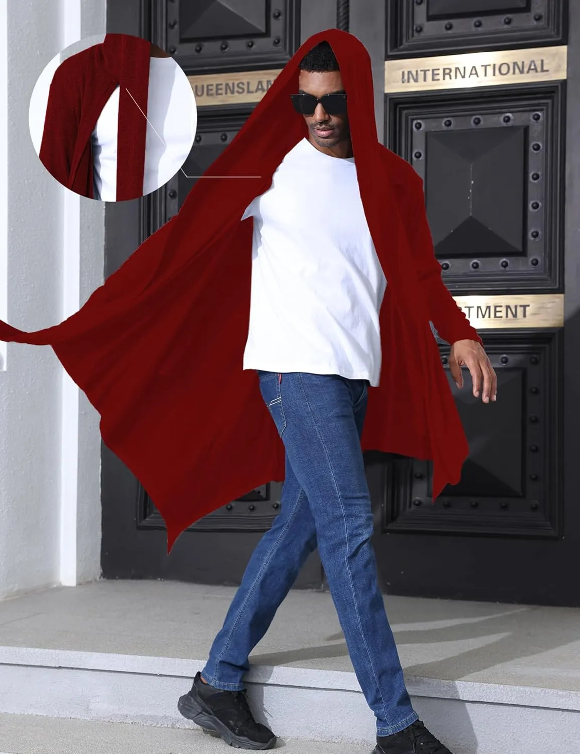Men's Long Hooded Cardigan Ruffle Shawl Collar Open Front Lightweight Drape Cape with Pockets