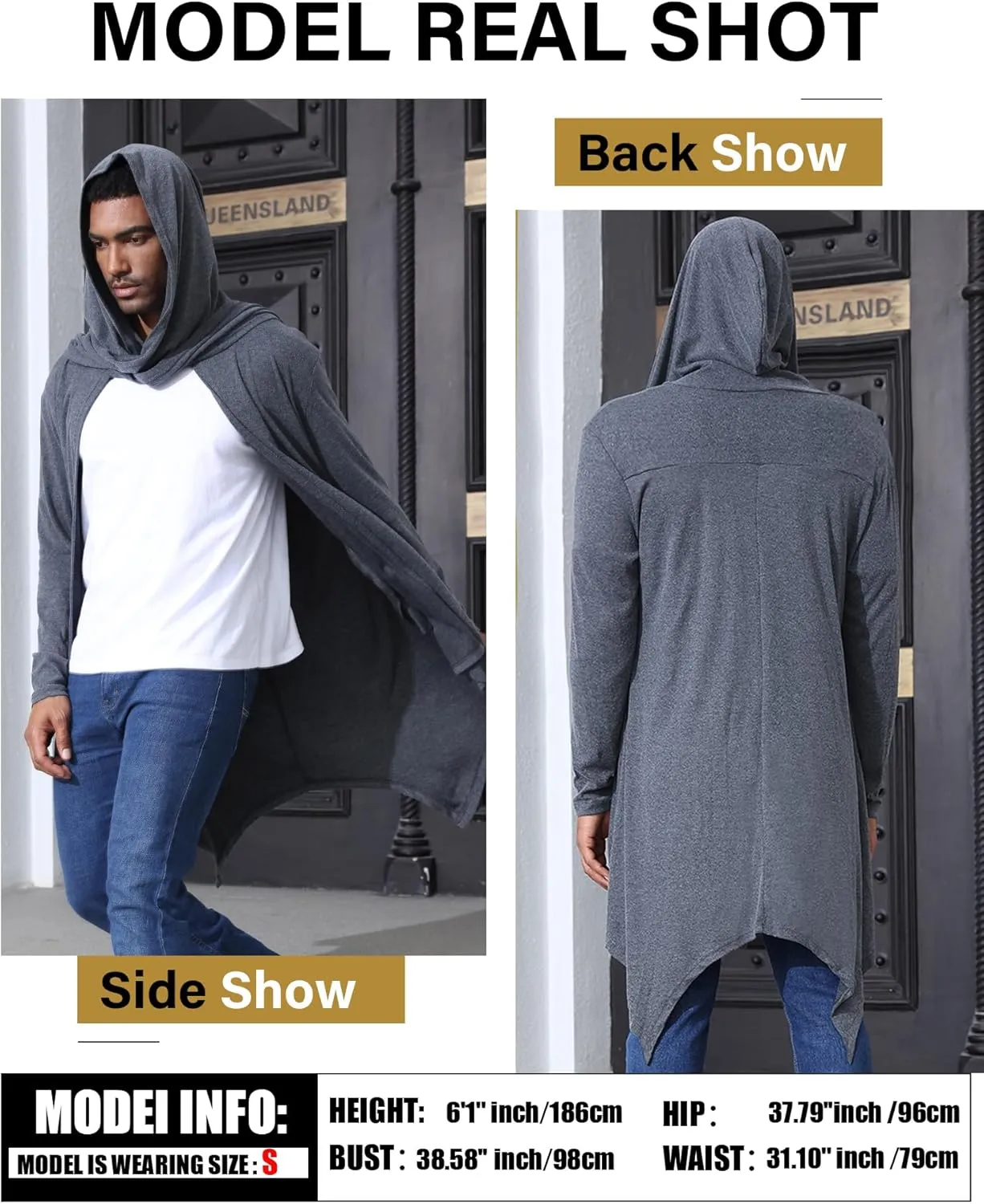Men's Long Hooded Cardigan Ruffle Shawl Collar Open Front Lightweight Drape Cape with Pockets