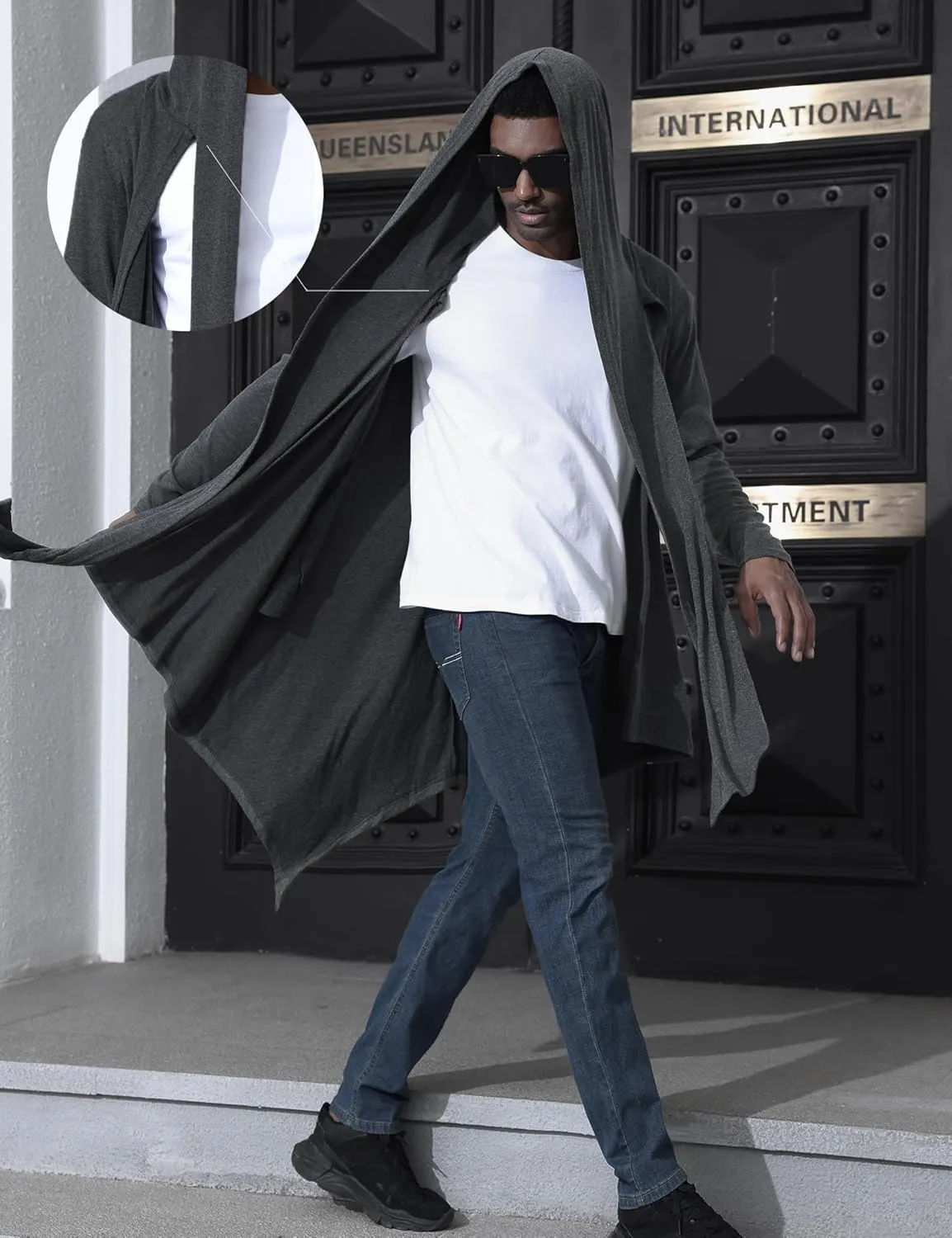 Men's Long Hooded Cardigan Ruffle Shawl Collar Open Front Lightweight Drape Cape with Pockets