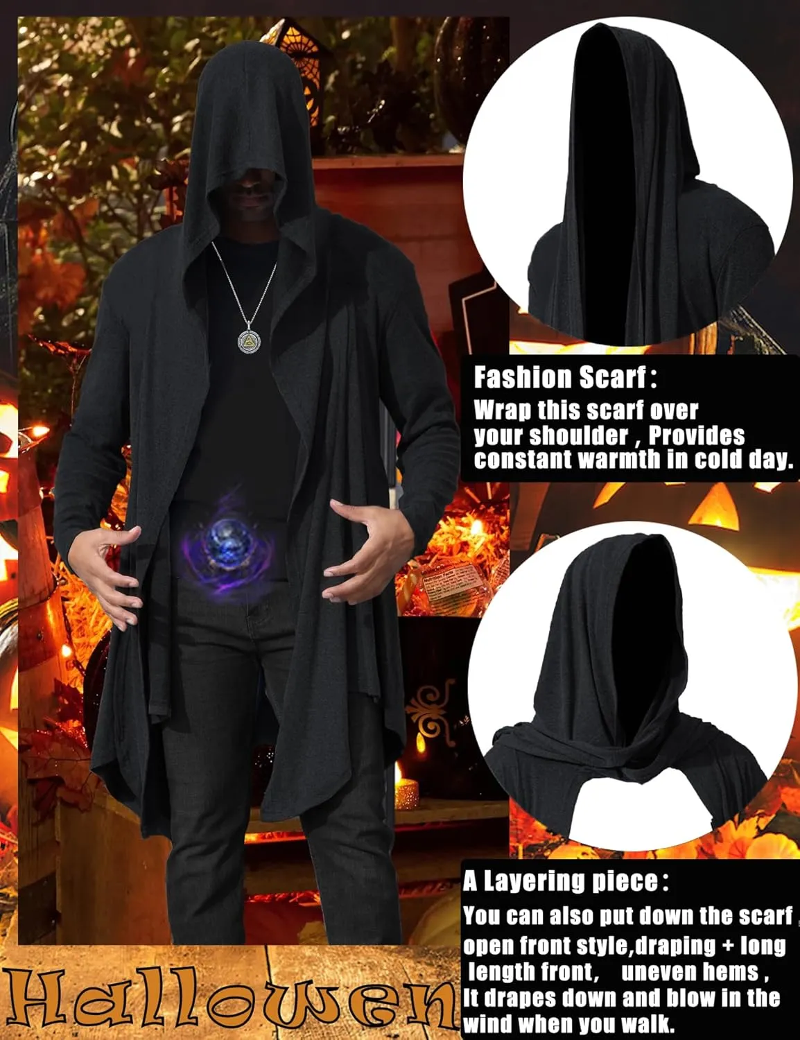 Men's Long Hooded Cardigan Ruffle Shawl Collar Open Front Lightweight Drape Cape with Pockets