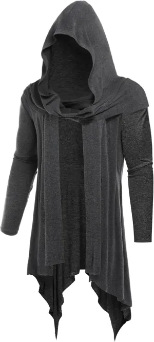Men's Long Hooded Cardigan Ruffle Shawl Collar Open Front Lightweight Drape Cape with Pockets